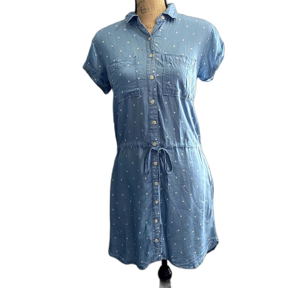 Thread & Supply Blue Star Print Chambray Shirt Dress Celestial Casual Size Small